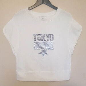 Sandro silver graphic Tokyo  grunge boxy cropped sleeve white sweater size S